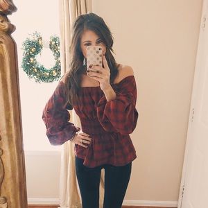 Cold shoulder plaid top